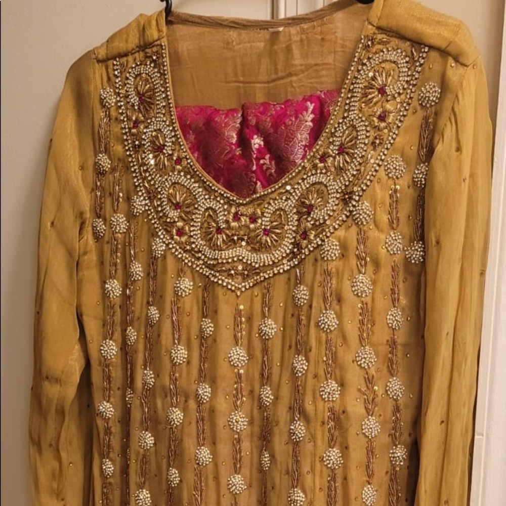 Embellished Mustard Women's Dress with Pink Lining